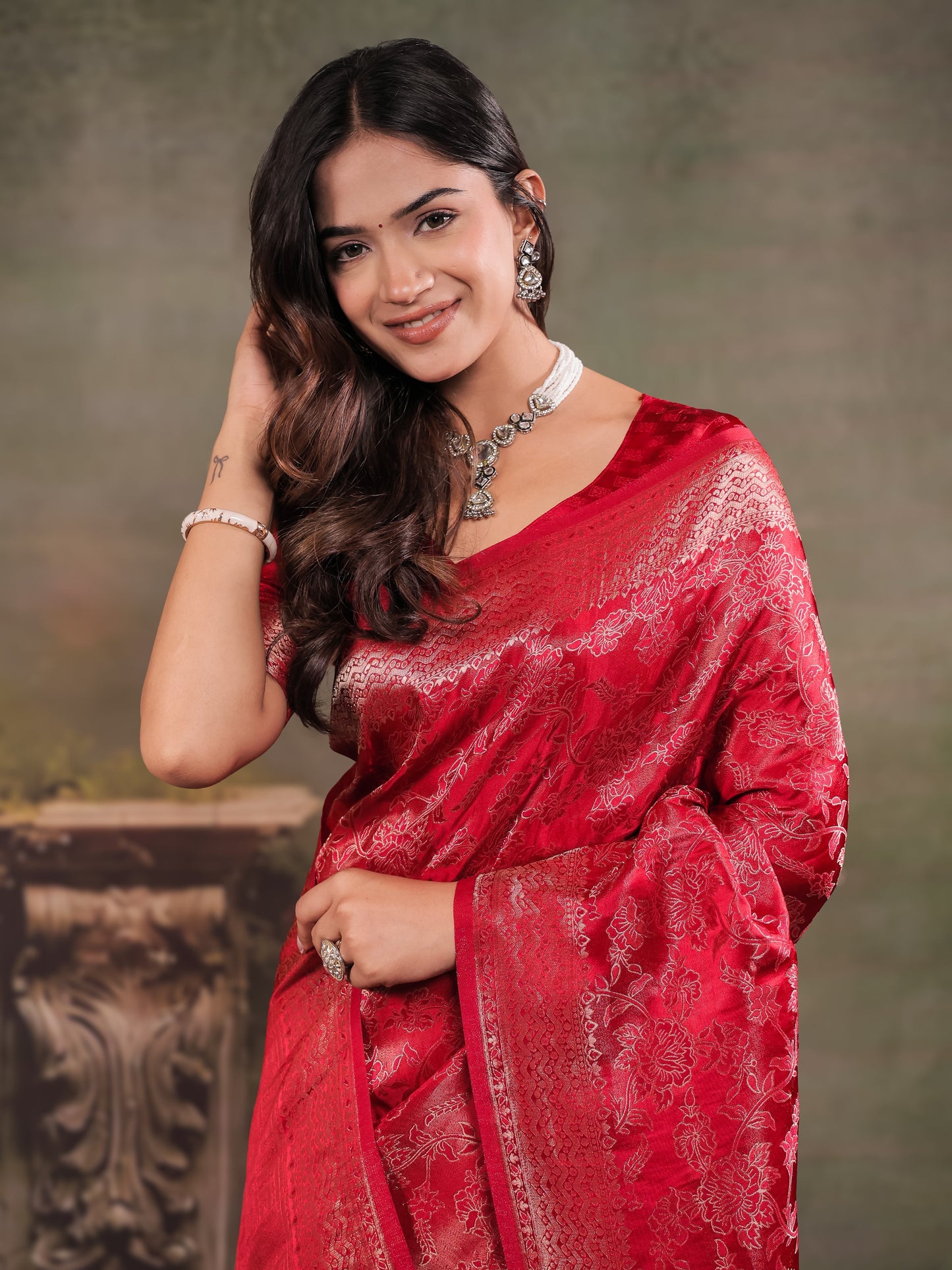 Ruby Red Satin Silk Saree with All-Over Floral Jacquard Weaving, Rich Zari Border, Grand Designer Pallu & Tassel Edges