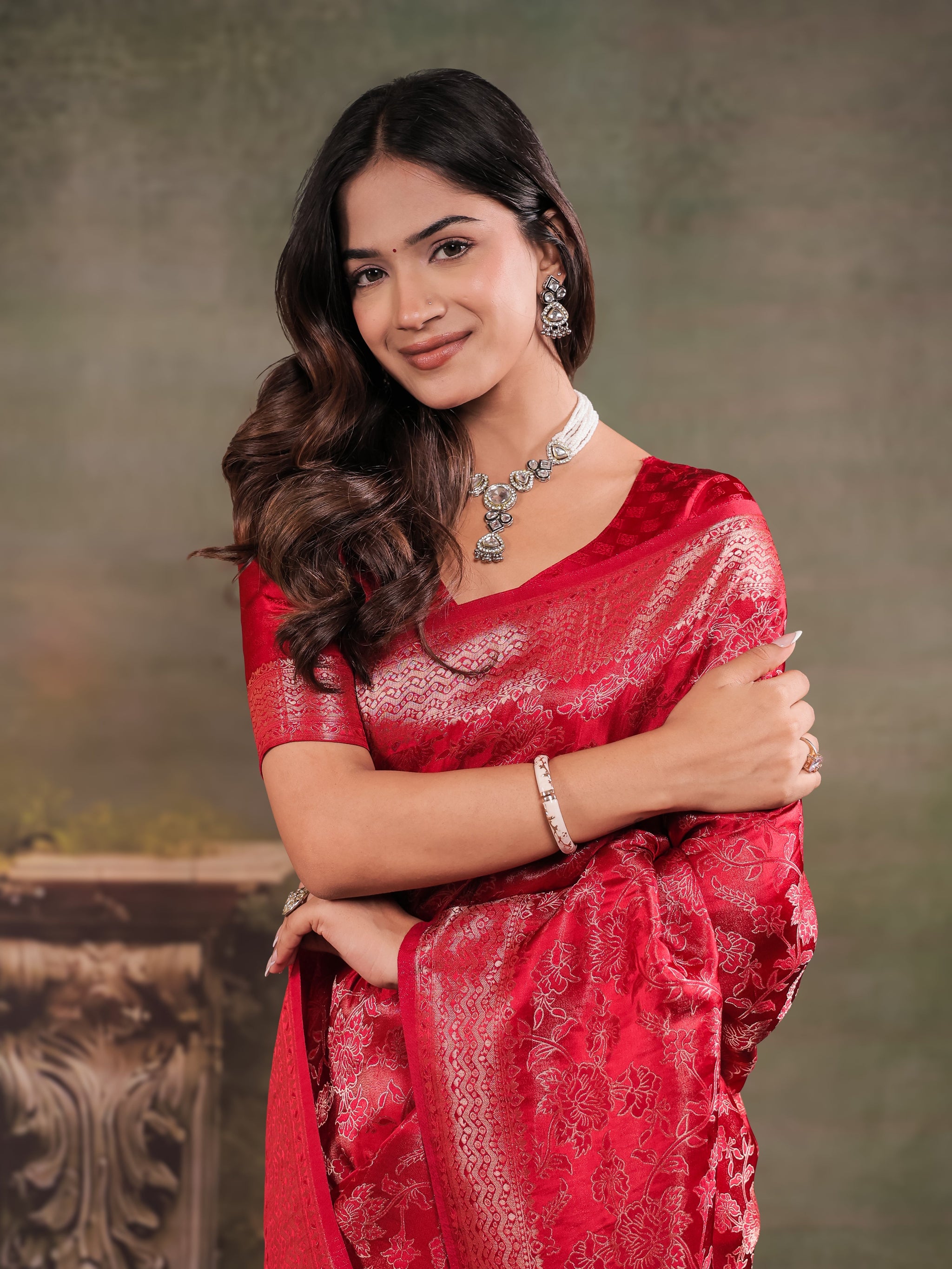 Ruby Red Satin Silk Saree with All-Over Floral Jacquard Weaving, Rich Zari Border, Grand Designer Pallu & Tassel Edges