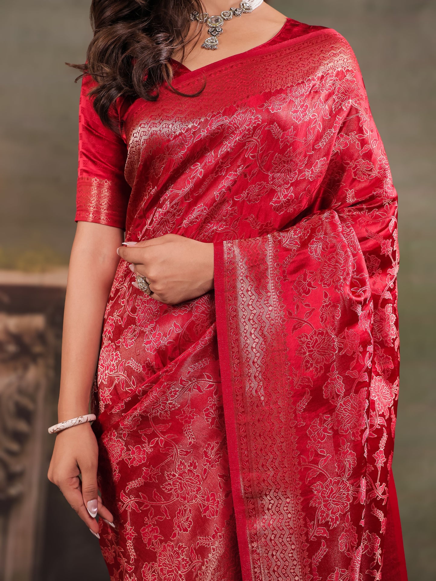 Ruby Red Satin Silk Saree with All-Over Floral Jacquard Weaving, Rich Zari Border, Grand Designer Pallu & Tassel Edges