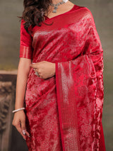 Ruby Red Satin Silk Saree with All-Over Floral Jacquard Weaving, Rich Zari Border, Grand Designer Pallu & Tassel Edges