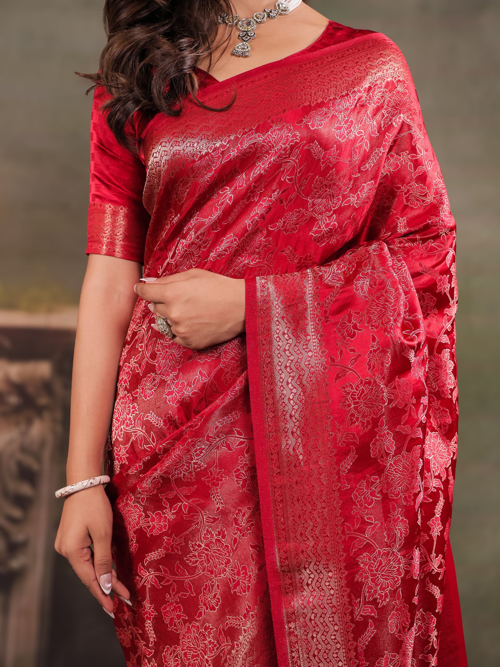 Ruby Red Satin Silk Saree with All-Over Floral Jacquard Weaving, Rich Zari Border, Grand Designer Pallu & Tassel Edges