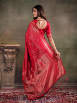 Ruby Red Satin Silk Saree with All-Over Floral Jacquard Weaving, Rich Zari Border, Grand Designer Pallu & Tassel Edges