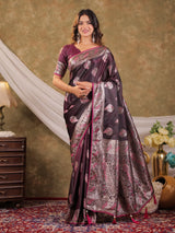 Wine Purple Kanjivaram Banarasi Satin Silk Saree with Rich Silver Zari Weaving, Peacock Pallu & Tassel Detailing