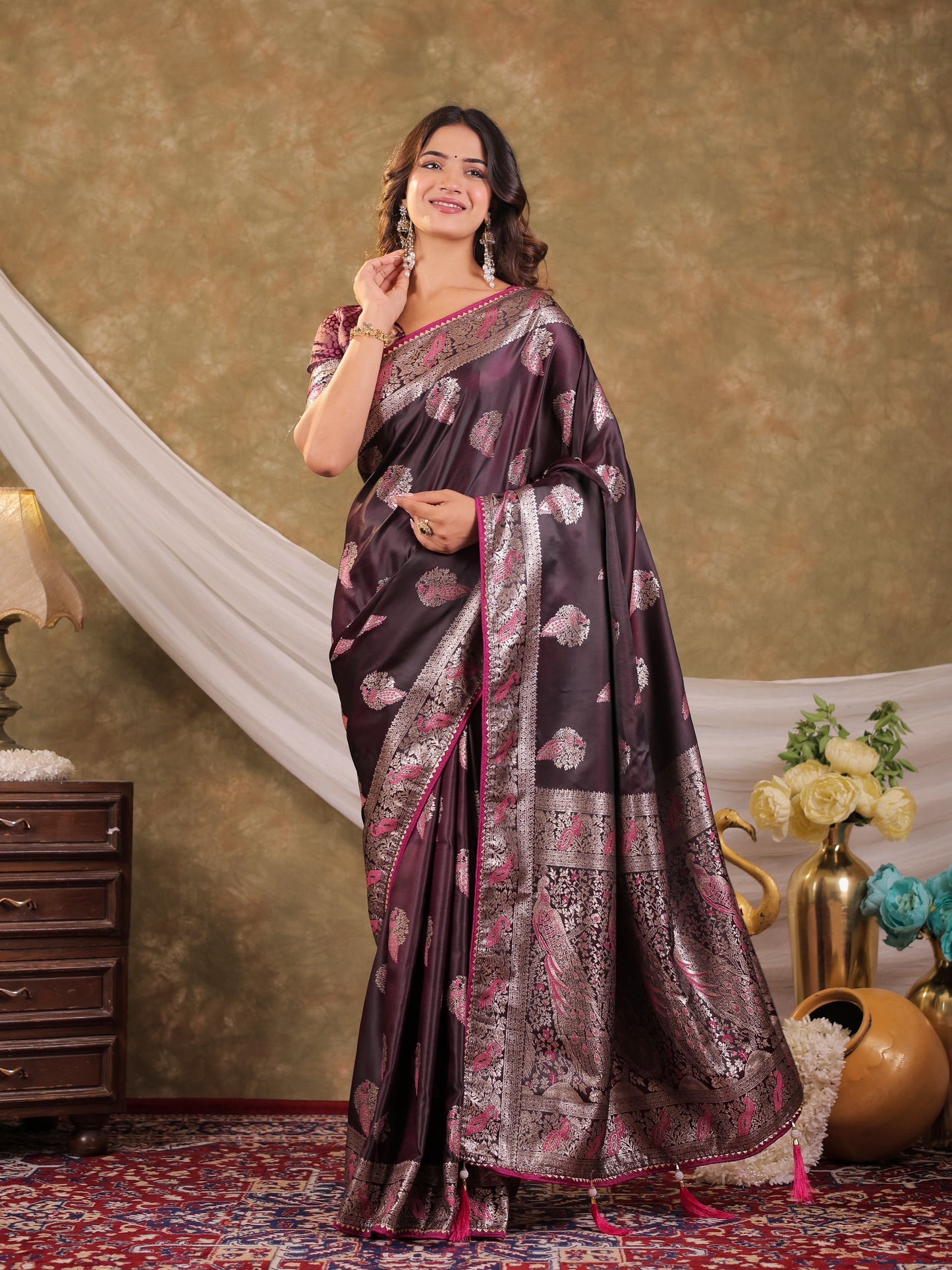 Wine Purple Kanjivaram Banarasi Satin Silk Saree with Rich Silver Zari Weaving, Peacock Pallu & Tassel Detailing
