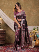 Wine Purple Kanjivaram Banarasi Satin Silk Saree with Rich Silver Zari Weaving, Peacock Pallu & Tassel Detailing