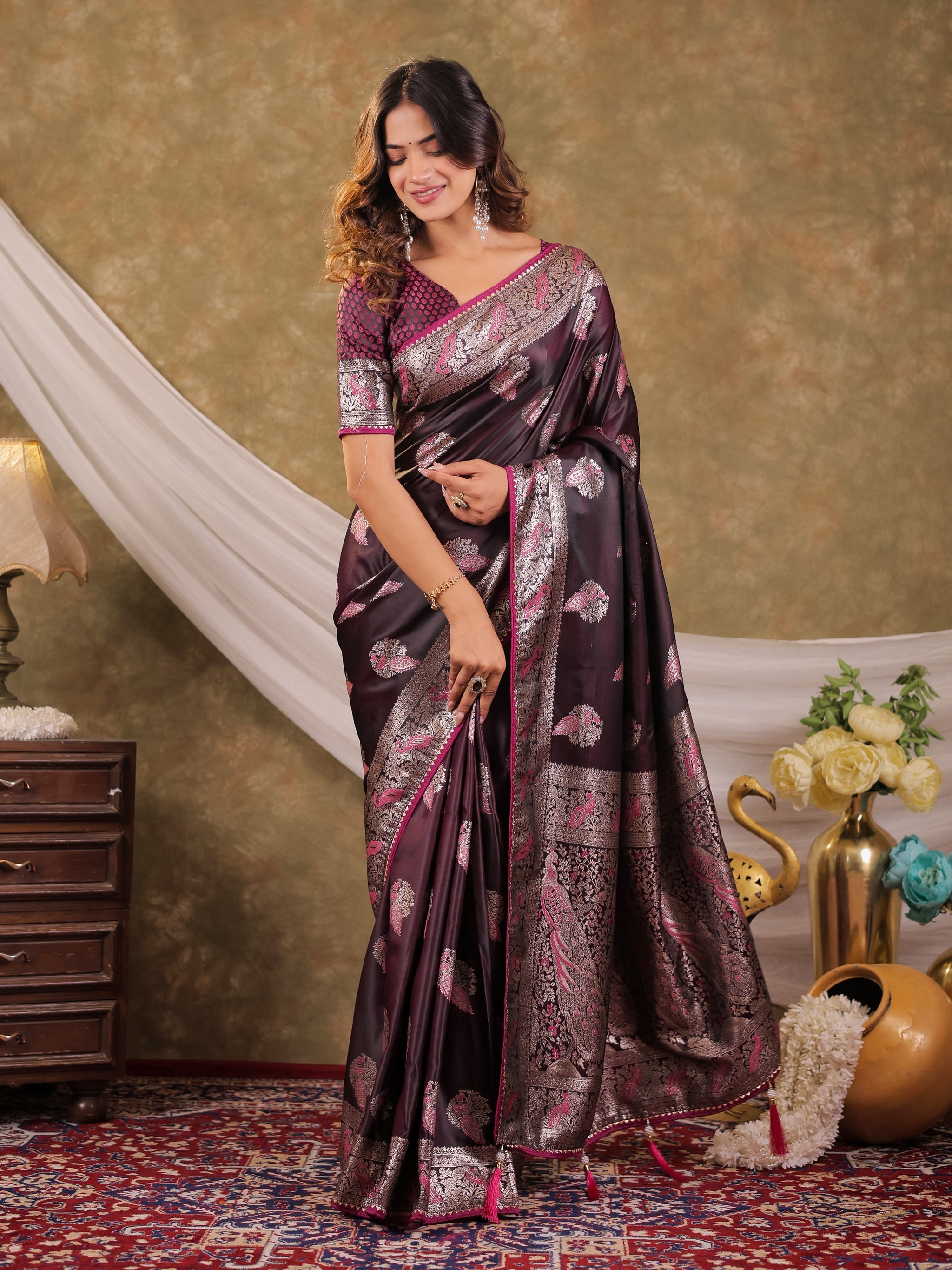 Wine Purple Kanjivaram Banarasi Satin Silk Saree with Rich Silver Zari Weaving, Peacock Pallu & Tassel Detailing