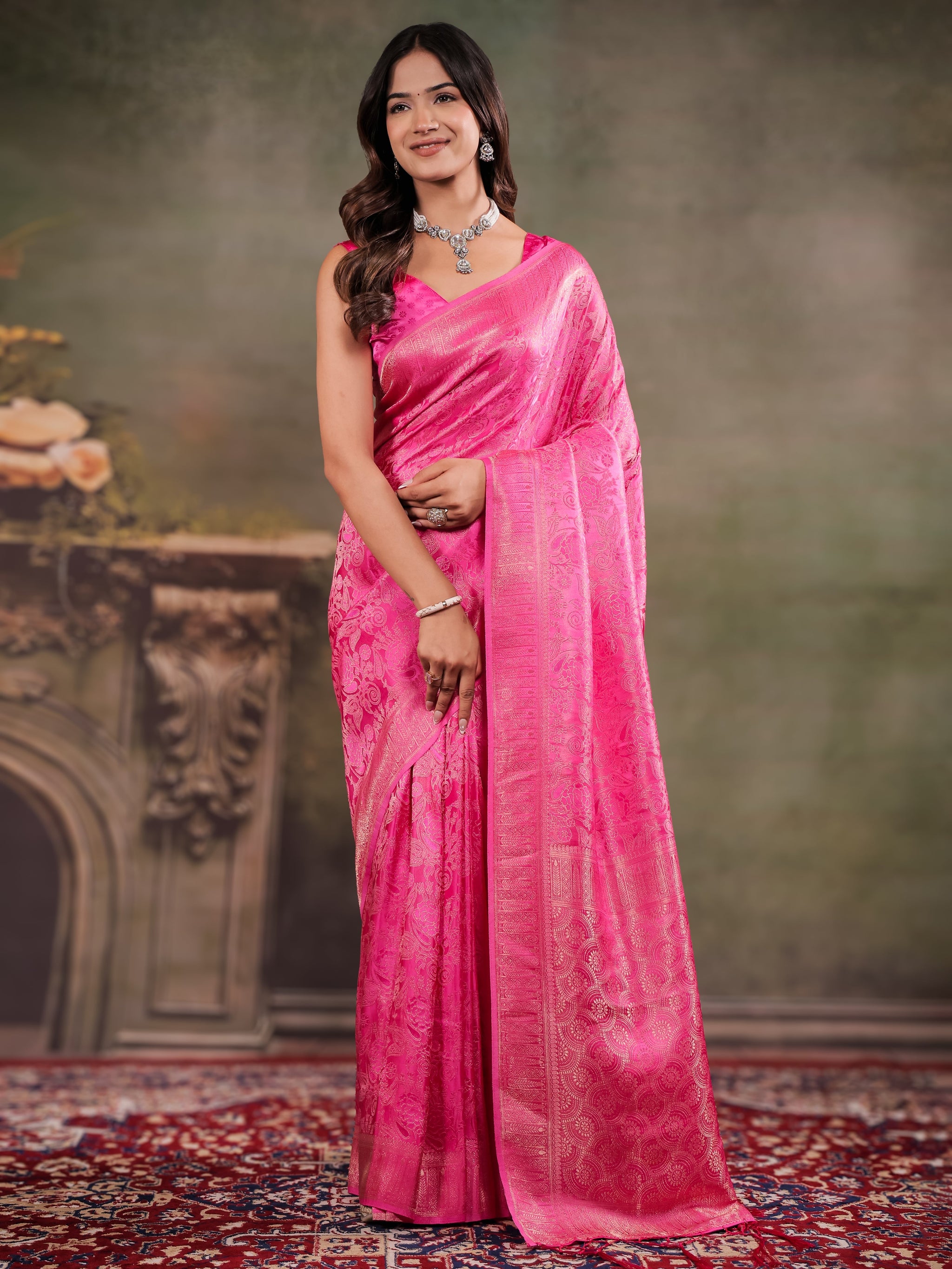 Hot Pink Satin Silk Saree with All-Over Floral Jacquard Weaving, Rich Zari Border, Grand Designer Pallu & Tassel Edges