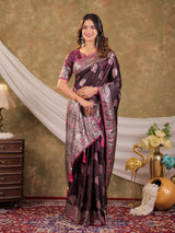 Wine Purple Kanjivaram Banarasi Satin Silk Saree with Rich Silver Zari Weaving, Peacock Pallu & Tassel Detailing