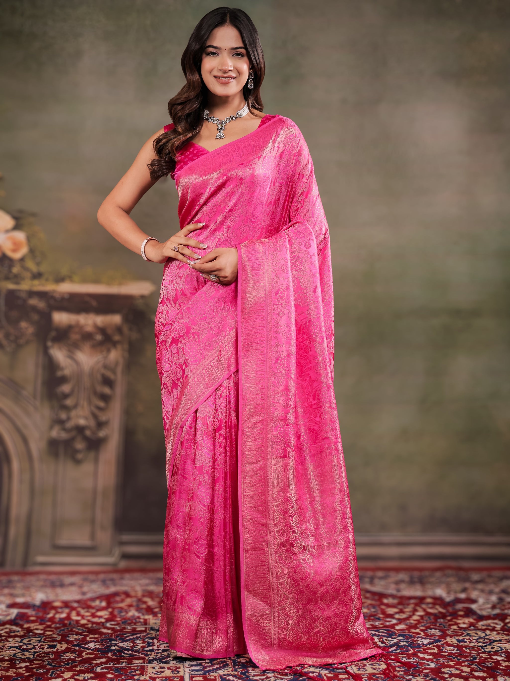 Hot Pink Satin Silk Saree with All-Over Floral Jacquard Weaving, Rich Zari Border, Grand Designer Pallu & Tassel Edges
