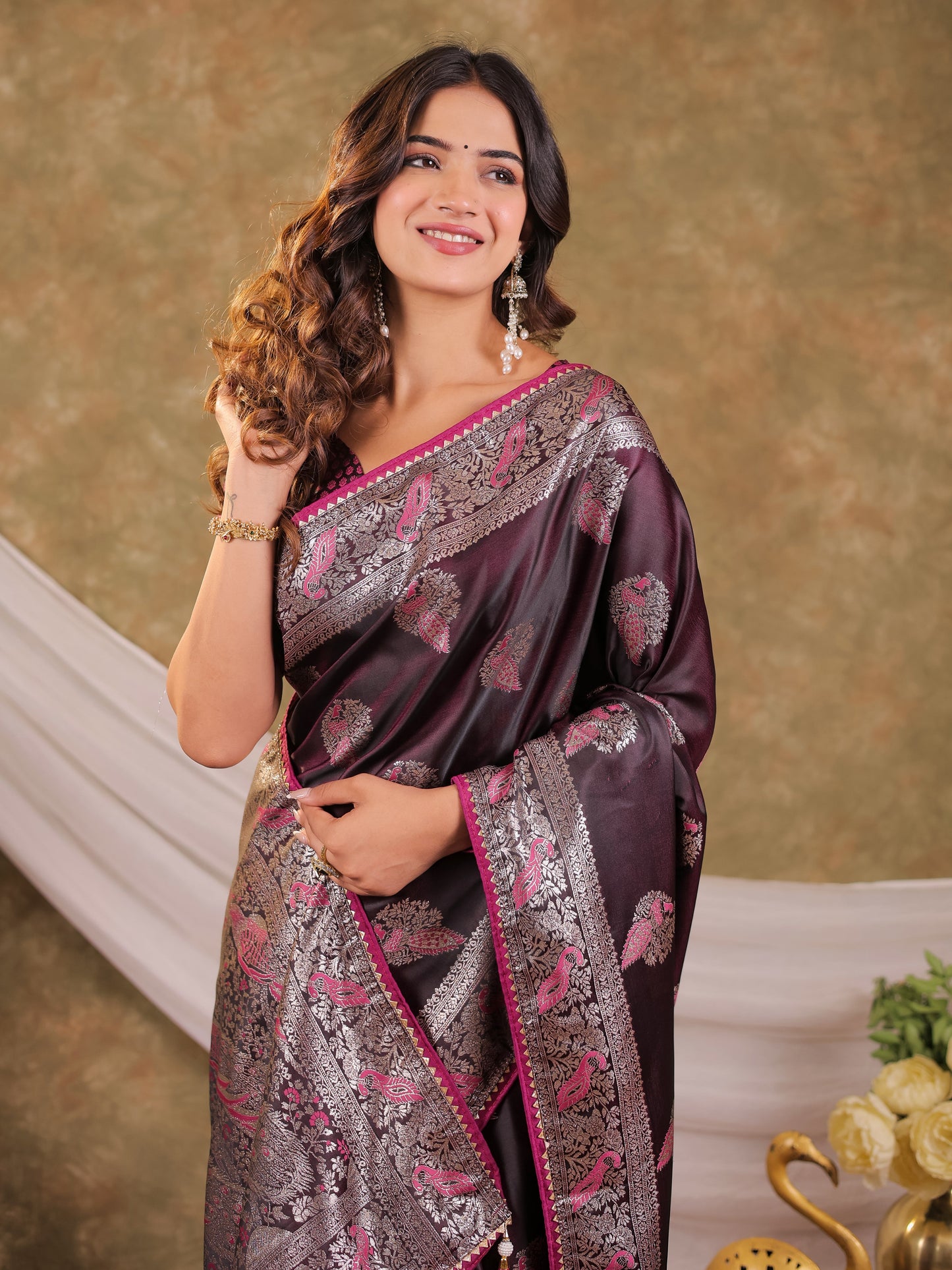 Wine Purple Kanjivaram Banarasi Satin Silk Saree with Rich Silver Zari Weaving, Peacock Pallu & Tassel Detailing