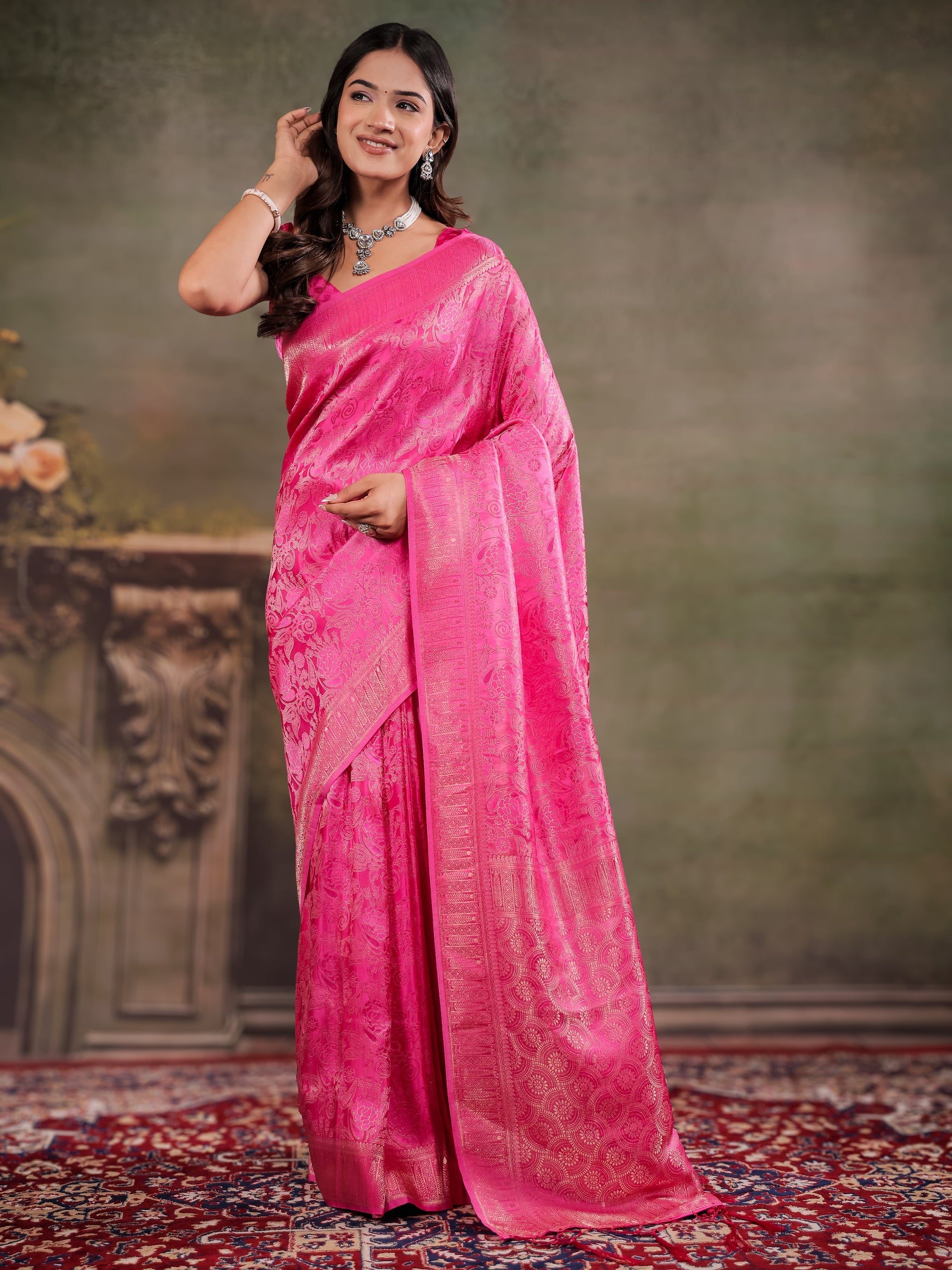 Hot Pink Satin Silk Saree with All-Over Floral Jacquard Weaving, Rich Zari Border, Grand Designer Pallu & Tassel Edges