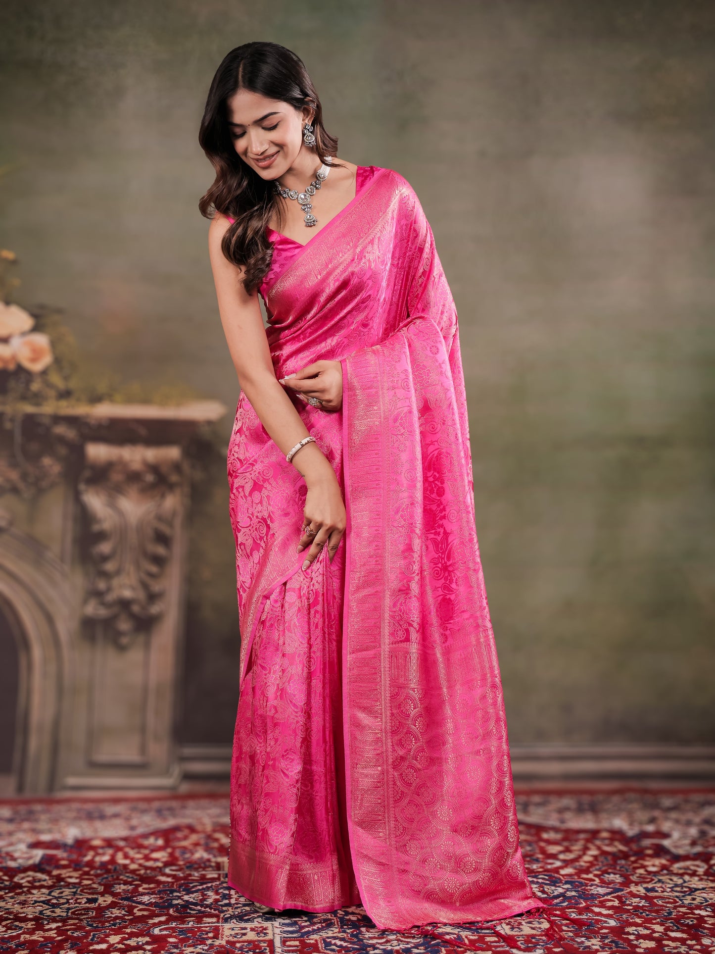 Hot Pink Satin Silk Saree with All-Over Floral Jacquard Weaving, Rich Zari Border, Grand Designer Pallu & Tassel Edges