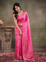 Hot Pink Satin Silk Saree with All-Over Floral Jacquard Weaving, Rich Zari Border, Grand Designer Pallu & Tassel Edges