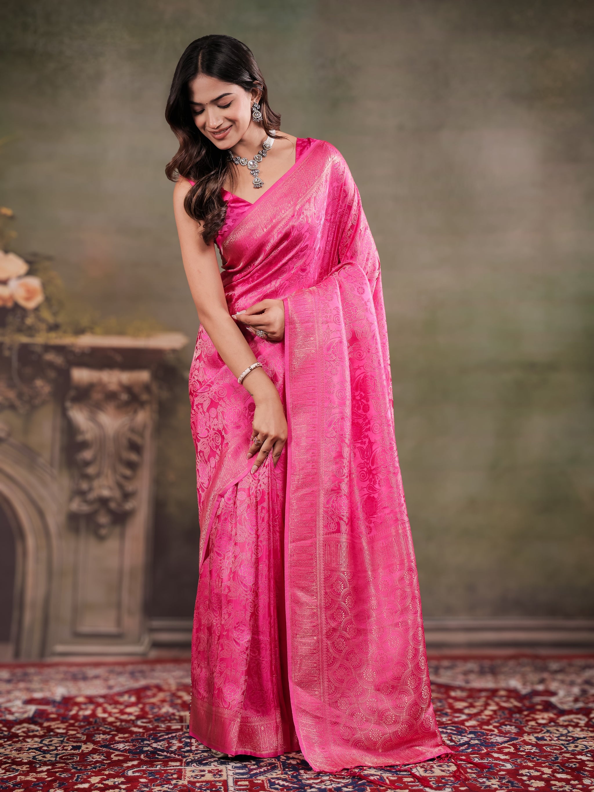 Hot Pink Satin Silk Saree with All-Over Floral Jacquard Weaving, Rich Zari Border, Grand Designer Pallu & Tassel Edges