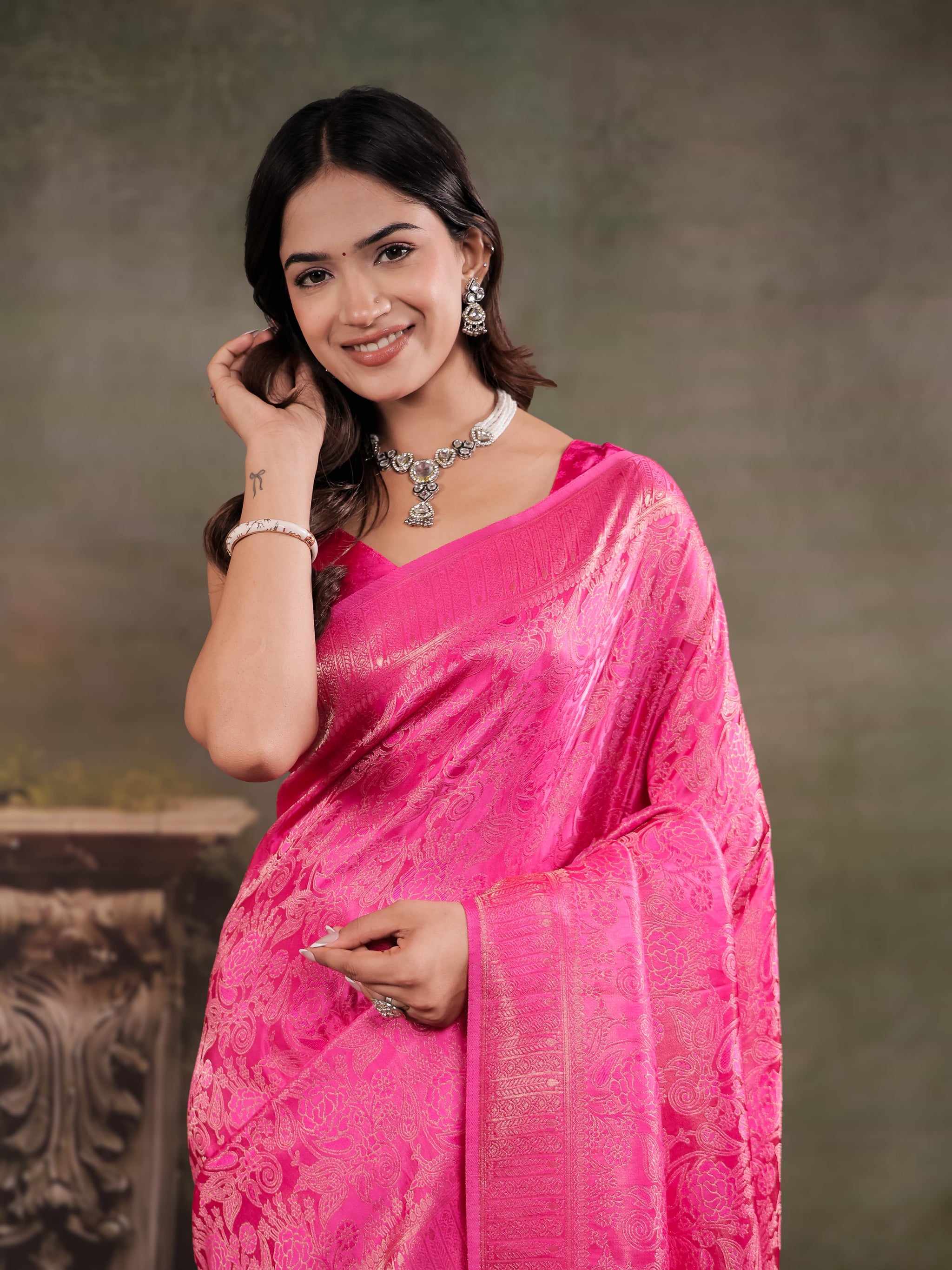 Hot Pink Satin Silk Saree with All-Over Floral Jacquard Weaving, Rich Zari Border, Grand Designer Pallu & Tassel Edges