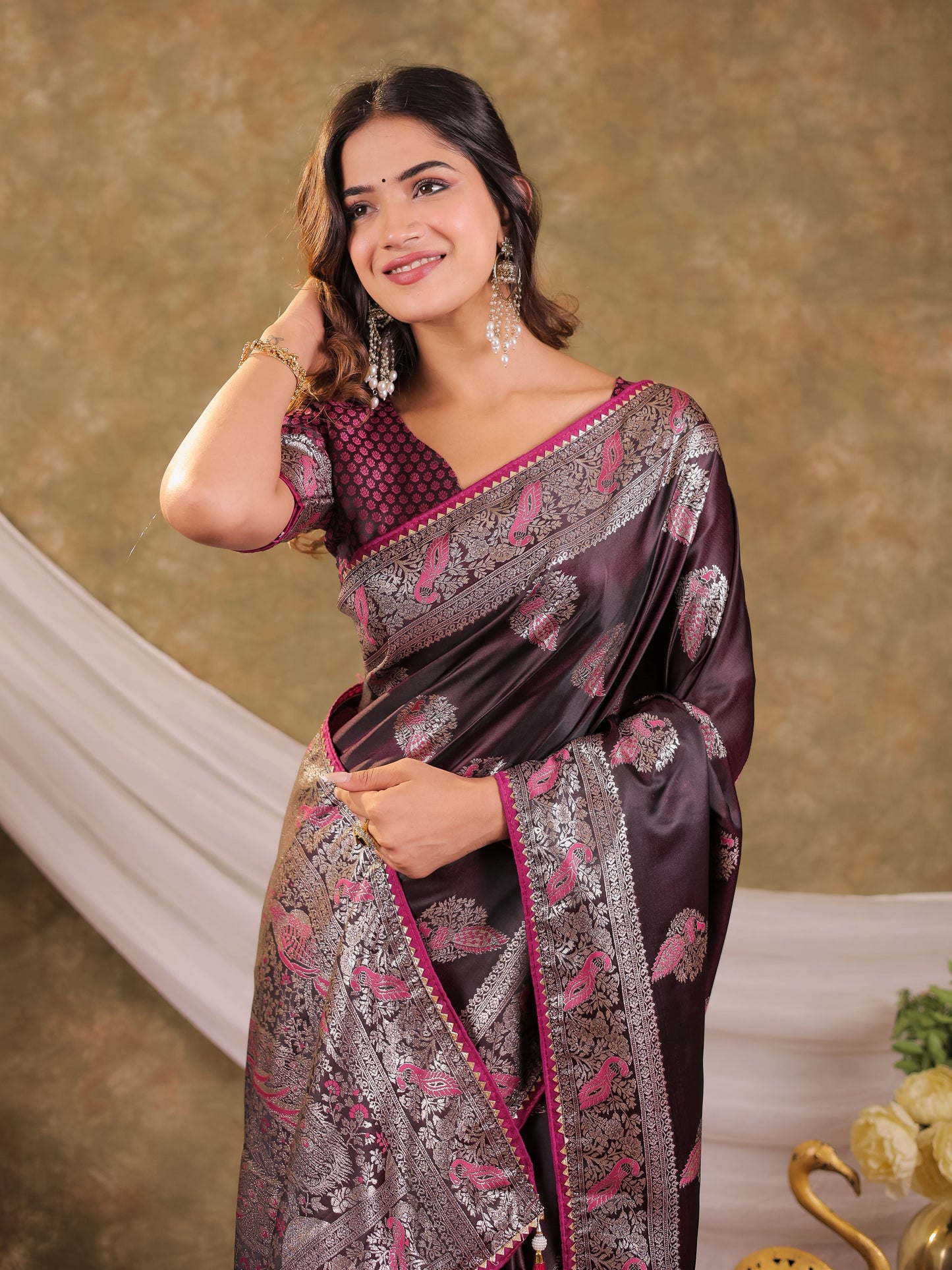 Wine Purple Kanjivaram Banarasi Satin Silk Saree with Rich Silver Zari Weaving, Peacock Pallu & Tassel Detailing