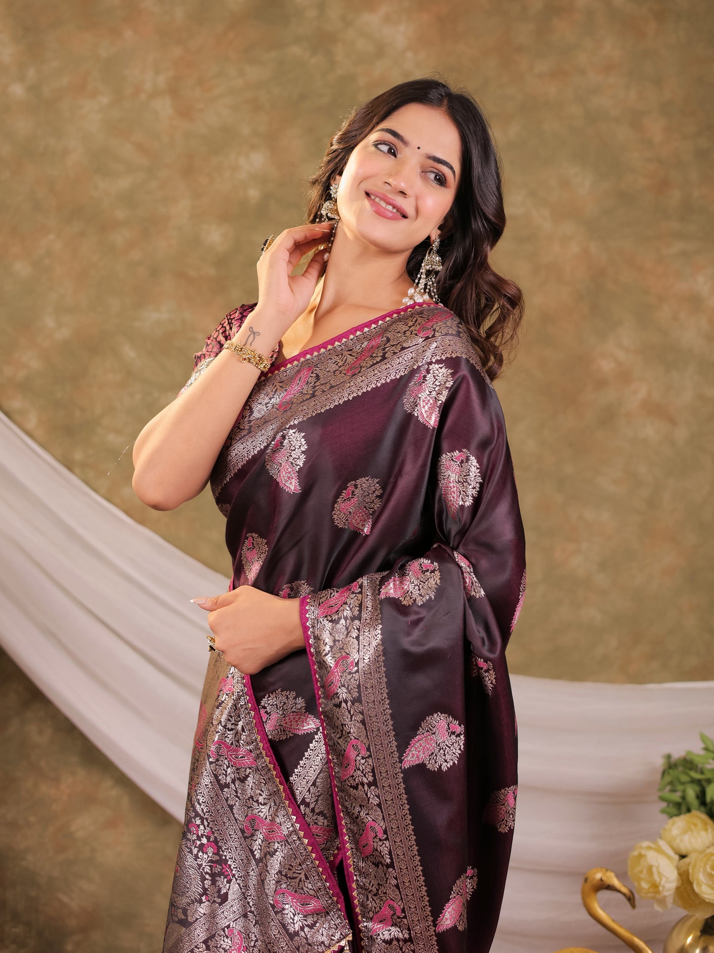Wine Purple Kanjivaram Banarasi Satin Silk Saree with Rich Silver Zari Weaving, Peacock Pallu & Tassel Detailing