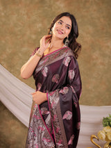 Wine Purple Kanjivaram Banarasi Satin Silk Saree with Rich Silver Zari Weaving, Peacock Pallu & Tassel Detailing