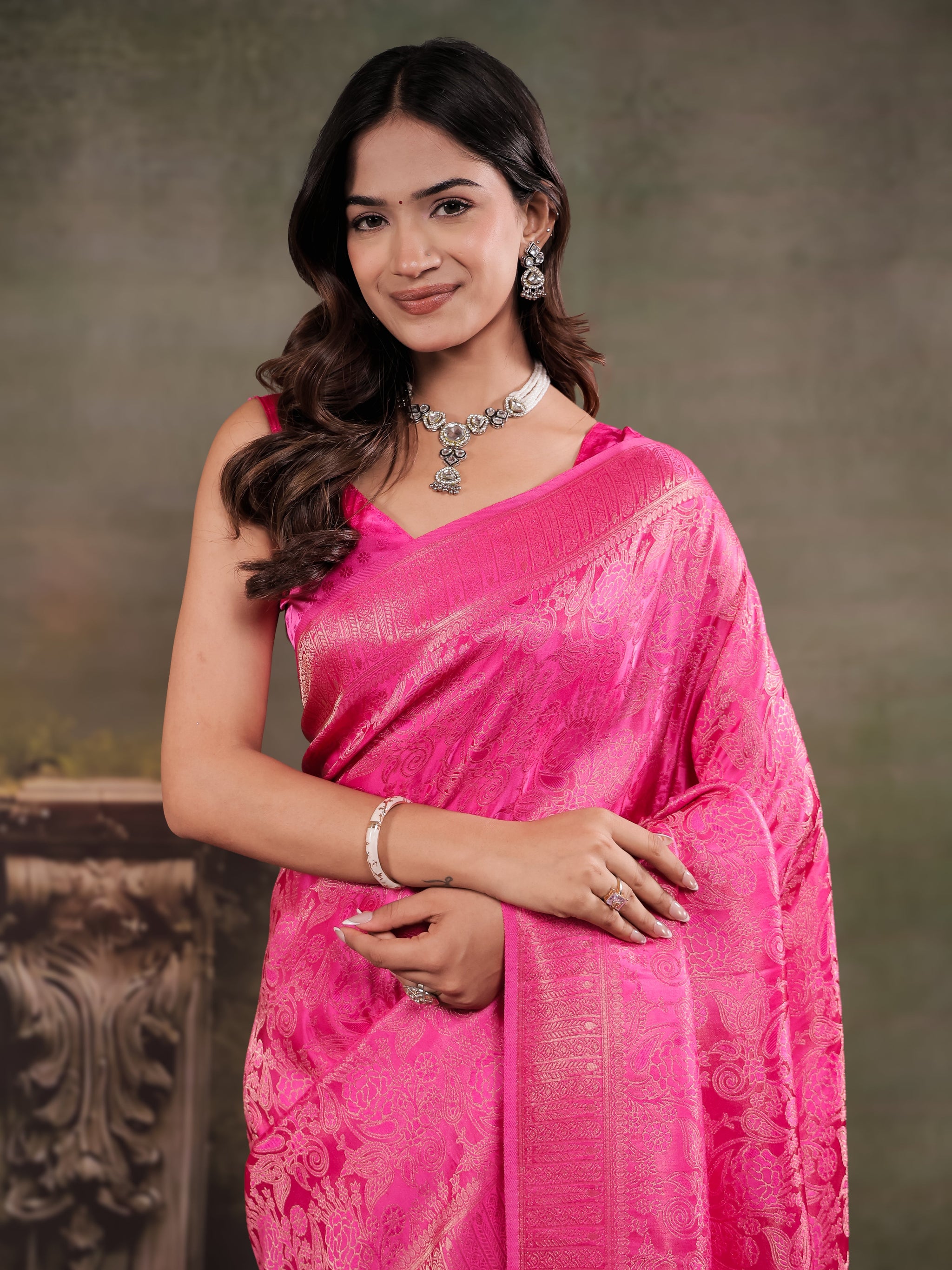 Hot Pink Satin Silk Saree with All-Over Floral Jacquard Weaving, Rich Zari Border, Grand Designer Pallu & Tassel Edges