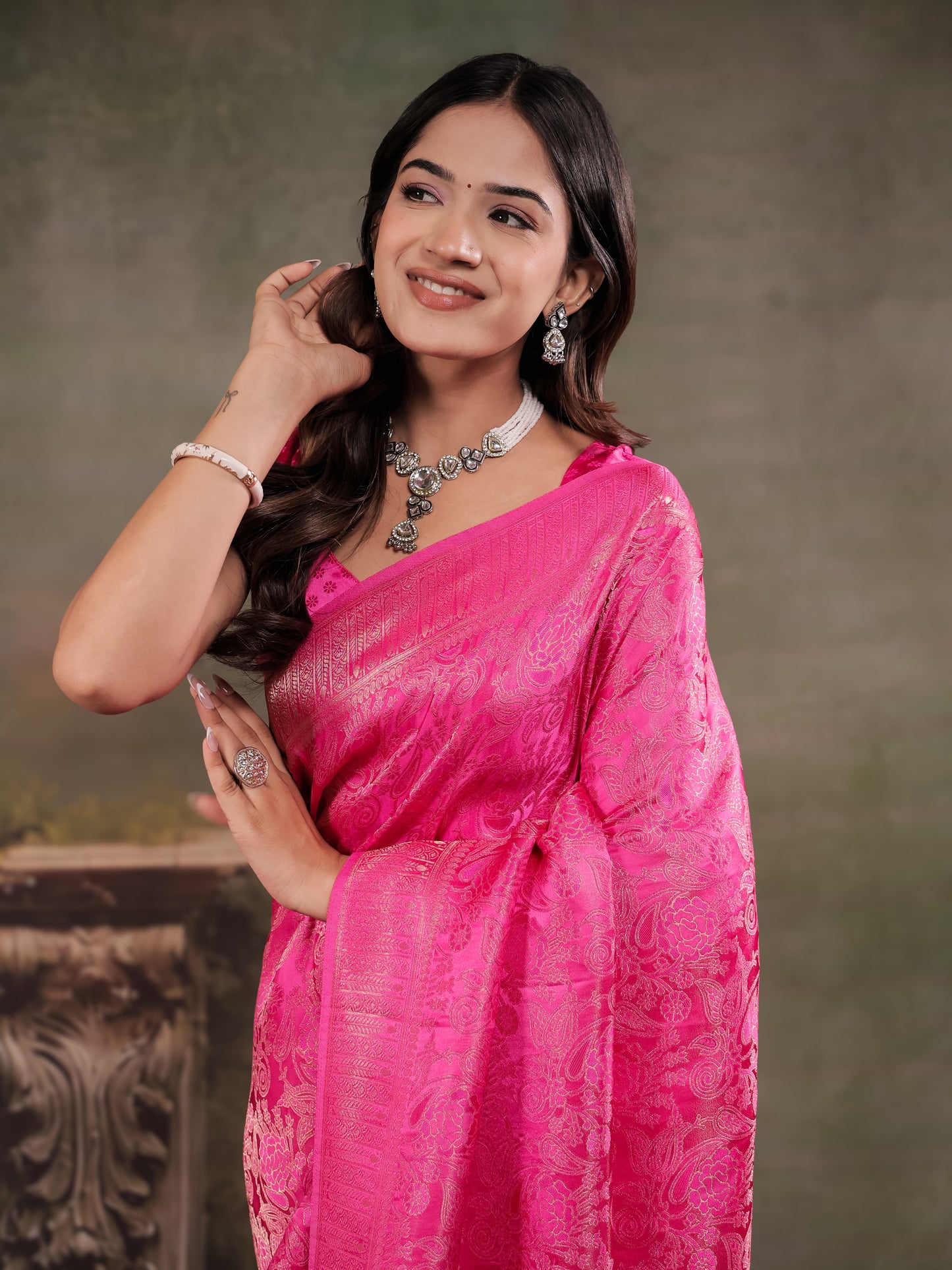 Hot Pink Satin Silk Saree with All-Over Floral Jacquard Weaving, Rich Zari Border, Grand Designer Pallu & Tassel Edges