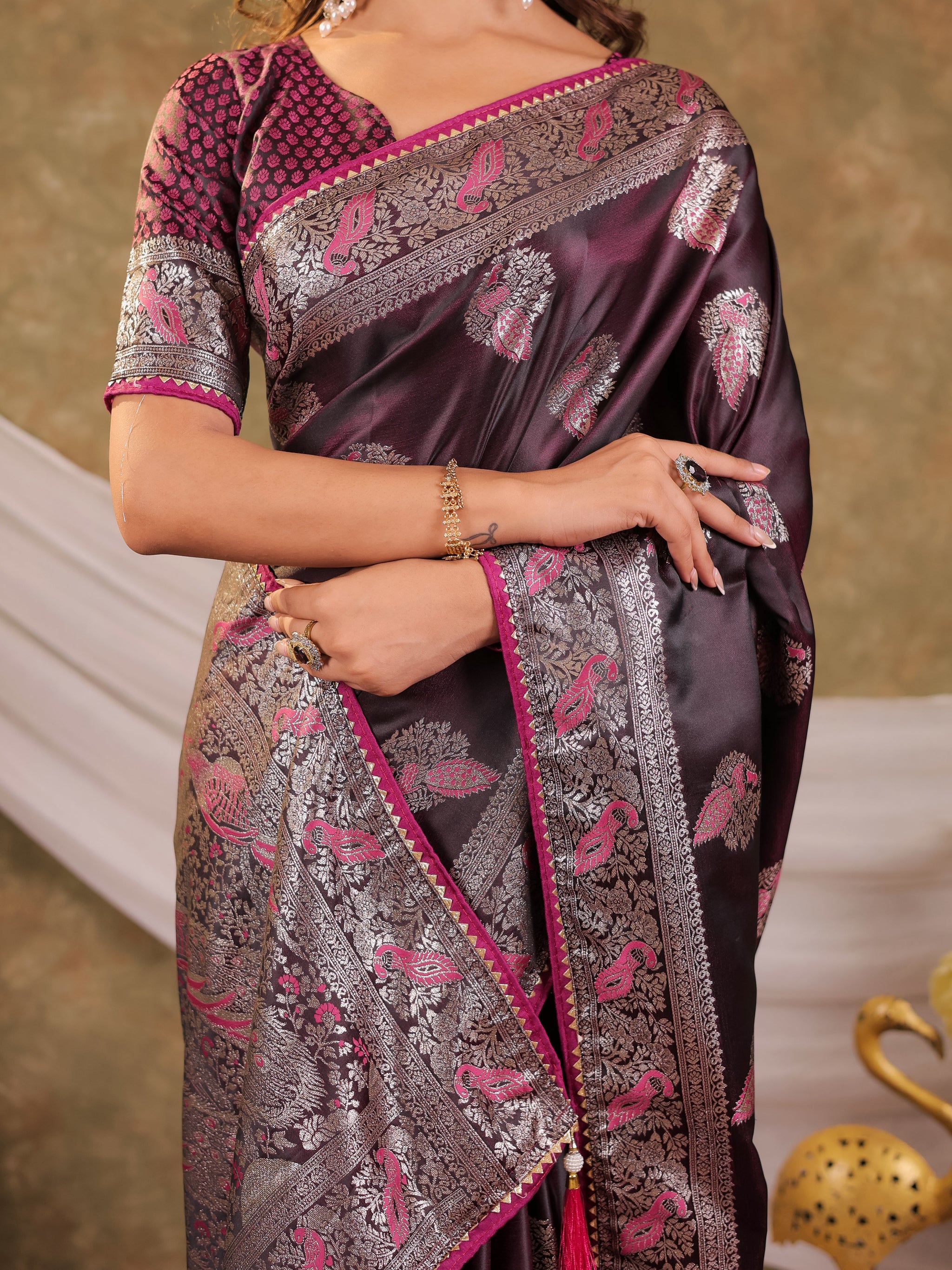 Wine Purple Kanjivaram Banarasi Satin Silk Saree with Rich Silver Zari Weaving, Peacock Pallu & Tassel Detailing