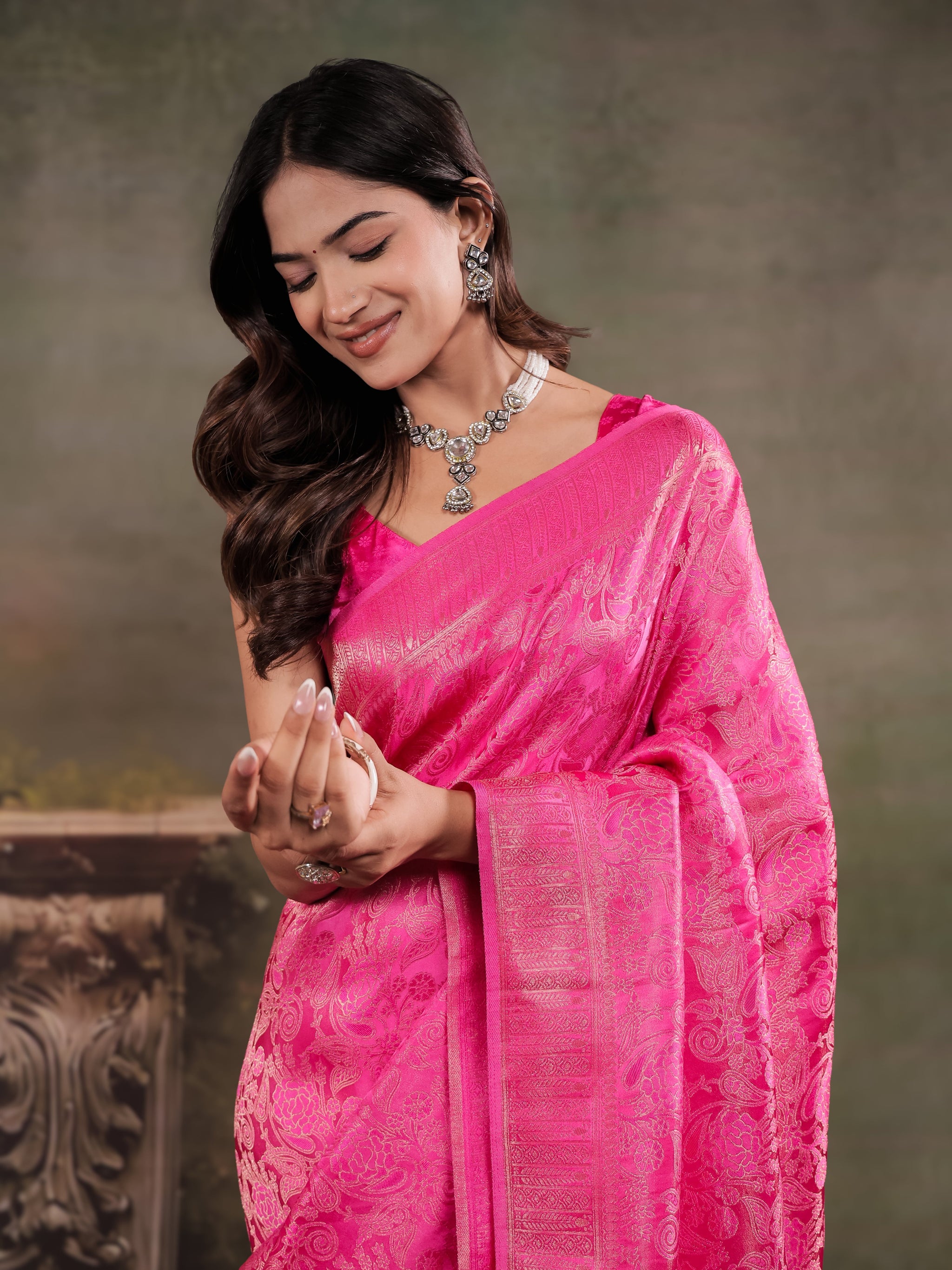 Hot Pink Satin Silk Saree with All-Over Floral Jacquard Weaving, Rich Zari Border, Grand Designer Pallu & Tassel Edges