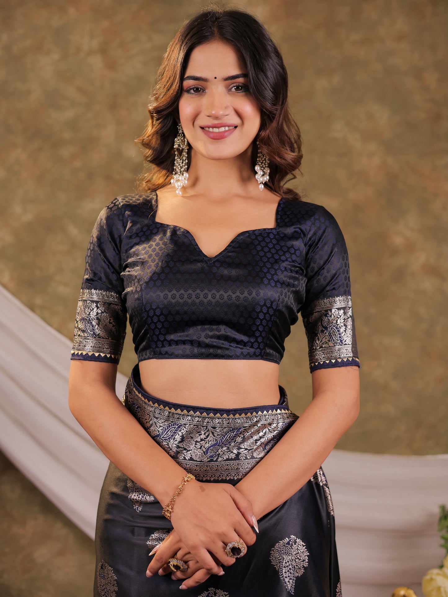 Dark Navy Blue Kanjivaram Banarasi Satin Silk Saree with Rich Zari Weaving, Designer Border & Tassel Pallu