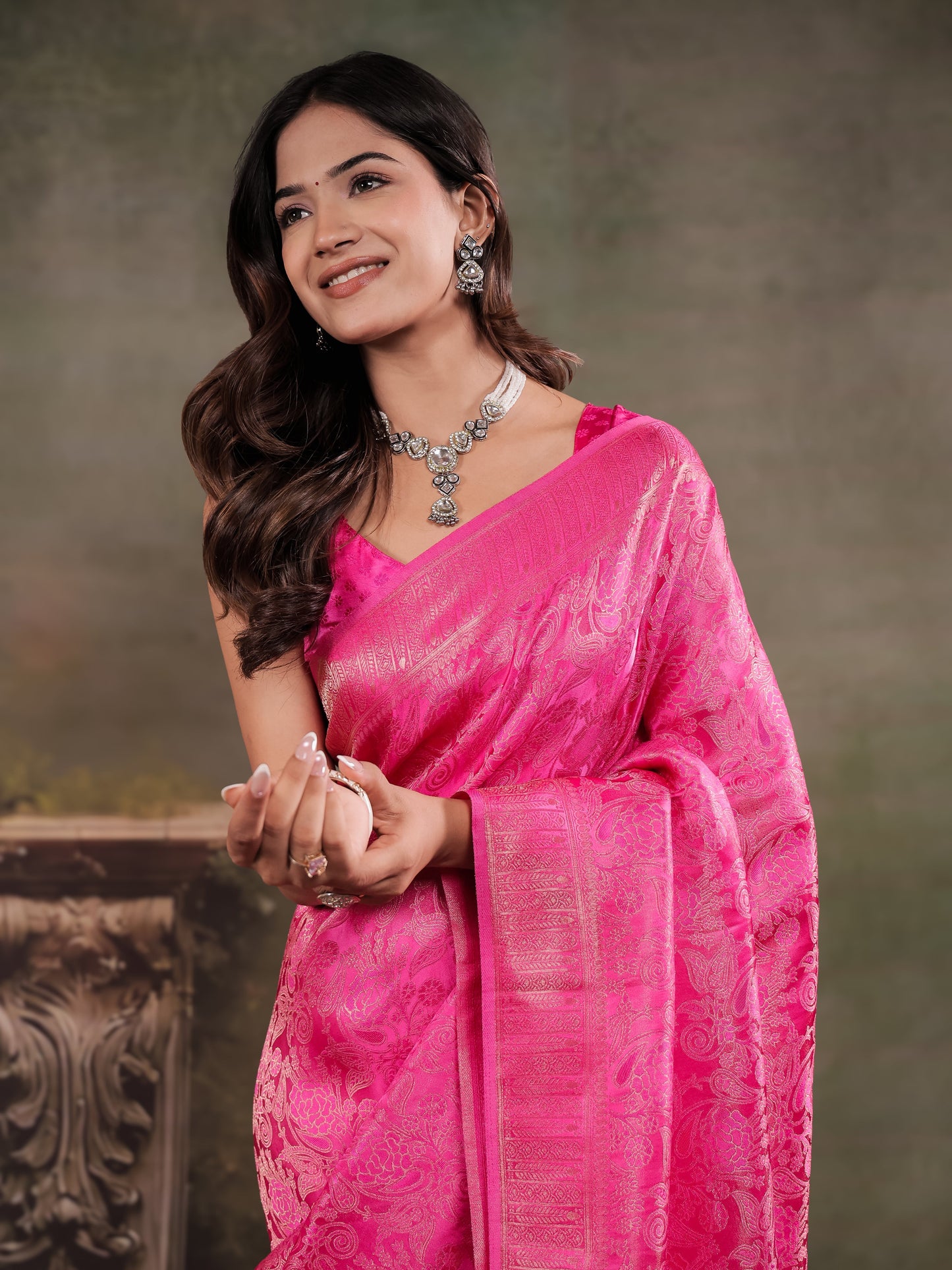 Hot Pink Satin Silk Saree with All-Over Floral Jacquard Weaving, Rich Zari Border, Grand Designer Pallu & Tassel Edges