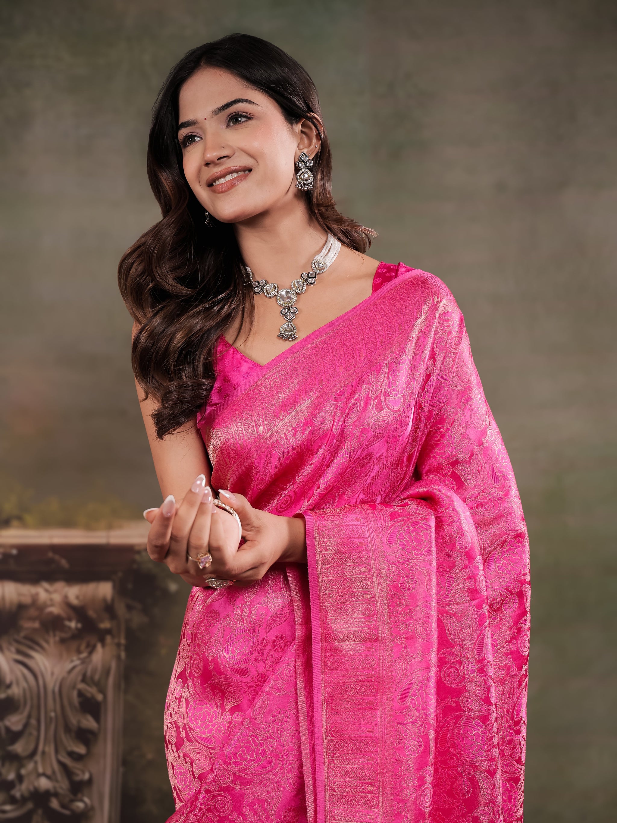 Hot Pink Satin Silk Saree with All-Over Floral Jacquard Weaving, Rich Zari Border, Grand Designer Pallu & Tassel Edges