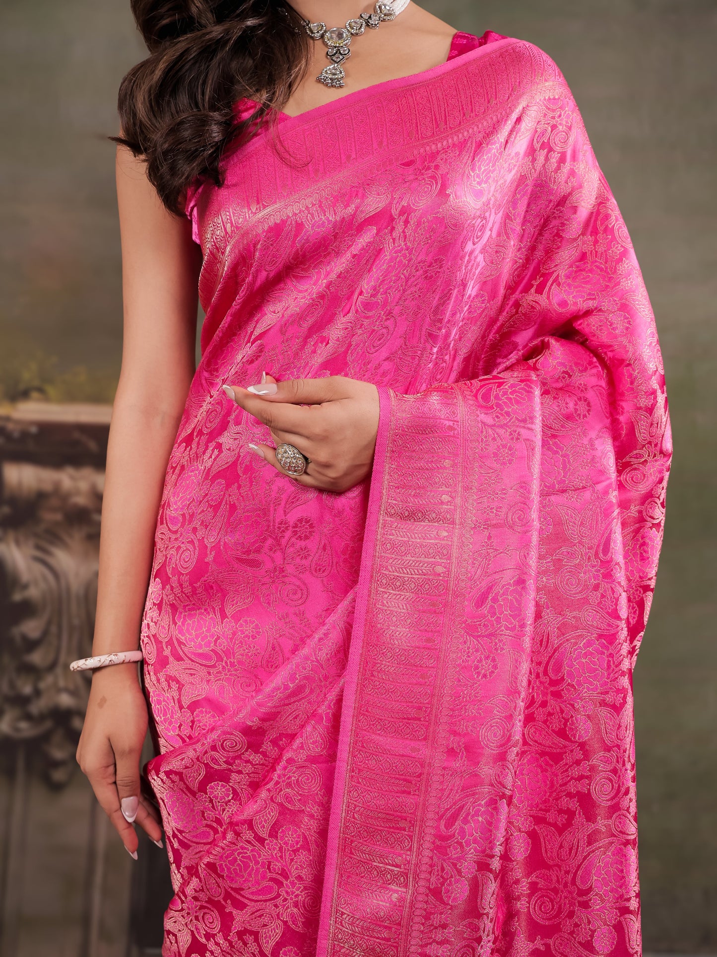 Hot Pink Satin Silk Saree with All-Over Floral Jacquard Weaving, Rich Zari Border, Grand Designer Pallu & Tassel Edges