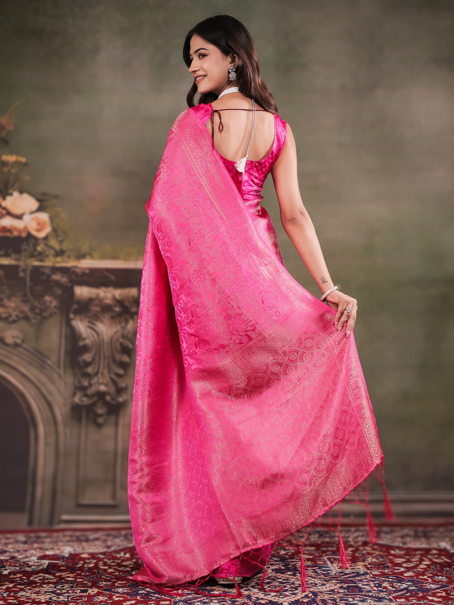 Hot Pink Satin Silk Saree with All-Over Floral Jacquard Weaving, Rich Zari Border, Grand Designer Pallu & Tassel Edges
