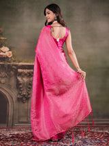 Hot Pink Satin Silk Saree with All-Over Floral Jacquard Weaving, Rich Zari Border, Grand Designer Pallu & Tassel Edges