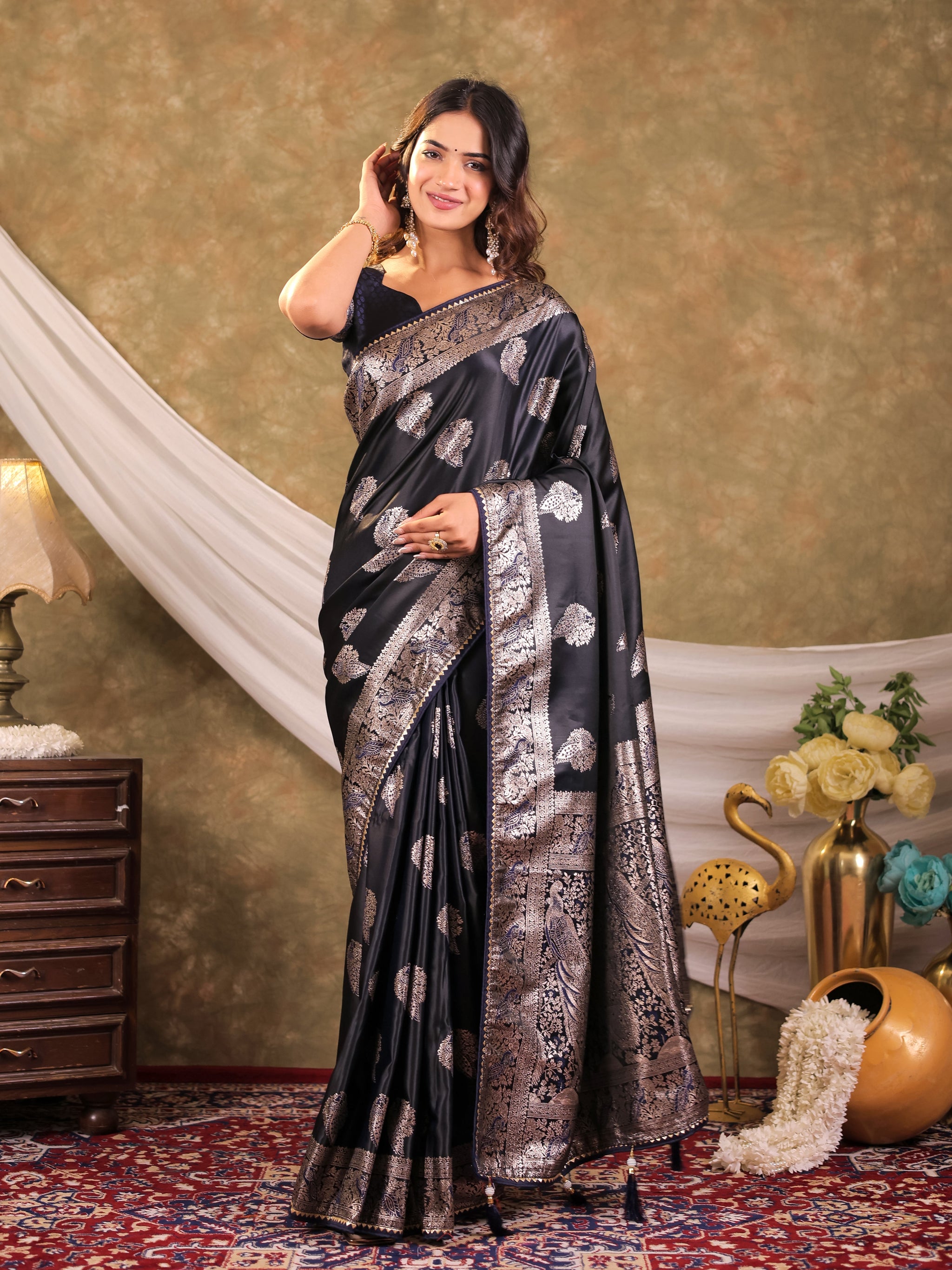Dark Navy Blue Kanjivaram Banarasi Satin Silk Saree with Rich Zari Weaving, Designer Border & Tassel Pallu