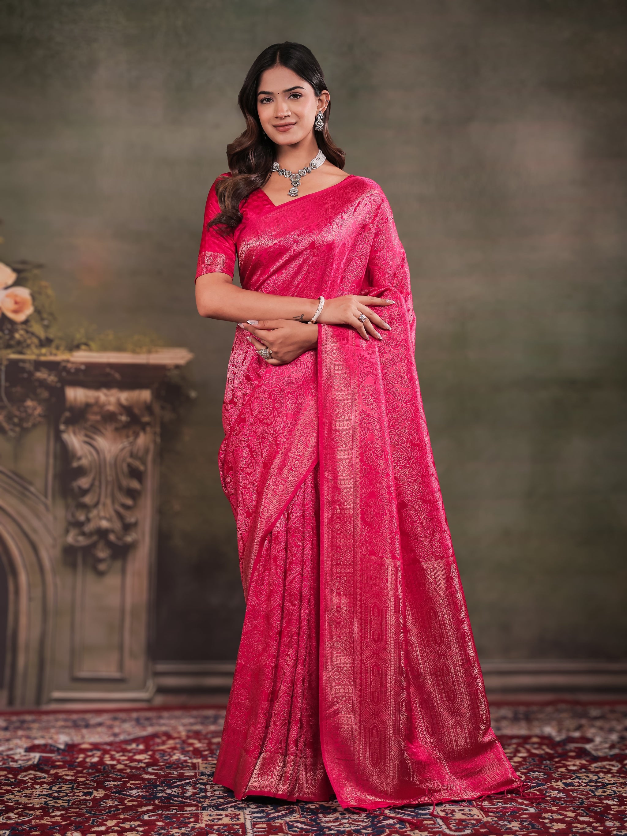 Rani Pink Satin Silk Saree with All-Over Floral Jacquard Weaving, Rich Zari Border, Grand Designer Pallu & Tassel Edges