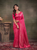 Rani Pink Satin Silk Saree with All-Over Floral Jacquard Weaving, Rich Zari Border, Grand Designer Pallu & Tassel Edges