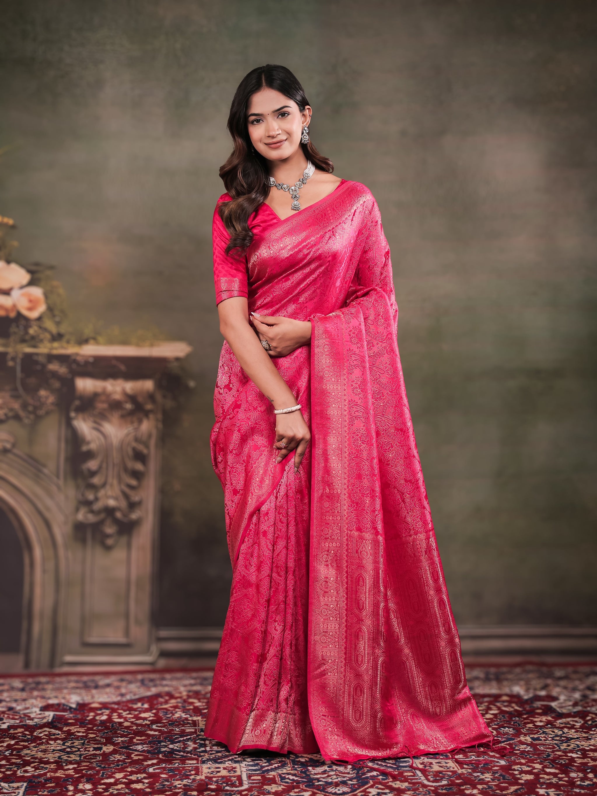 Rani Pink Satin Silk Saree with All-Over Floral Jacquard Weaving, Rich Zari Border, Grand Designer Pallu & Tassel Edges