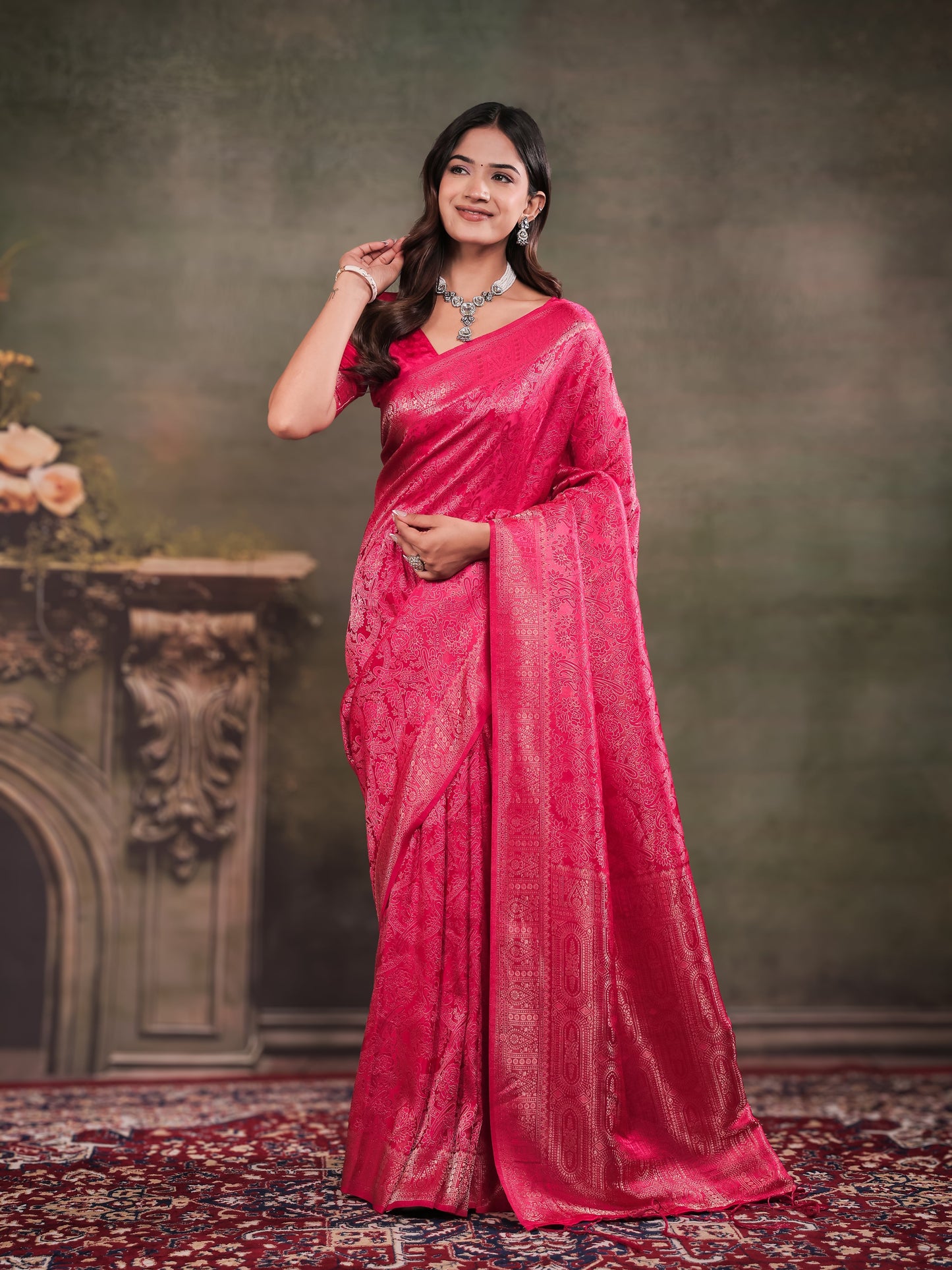Rani Pink Satin Silk Saree with All-Over Floral Jacquard Weaving, Rich Zari Border, Grand Designer Pallu & Tassel Edges