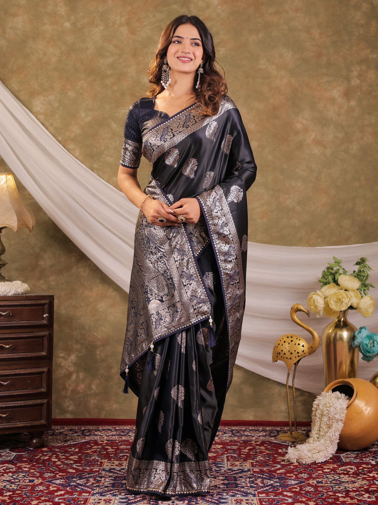 Dark Navy Blue Kanjivaram Banarasi Satin Silk Saree with Rich Zari Weaving, Designer Border & Tassel Pallu