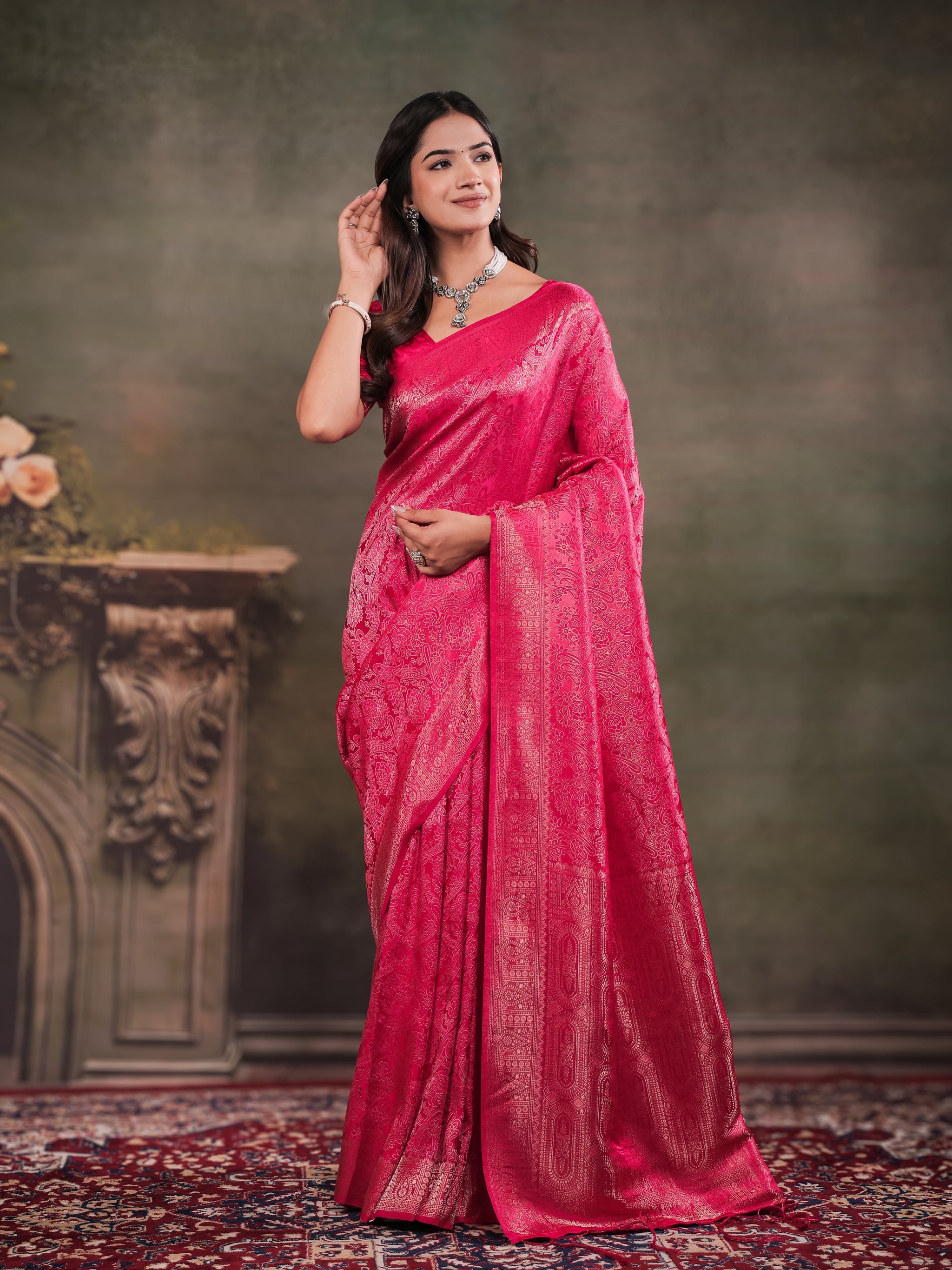 Rani Pink Satin Silk Saree with All-Over Floral Jacquard Weaving, Rich Zari Border, Grand Designer Pallu & Tassel Edges