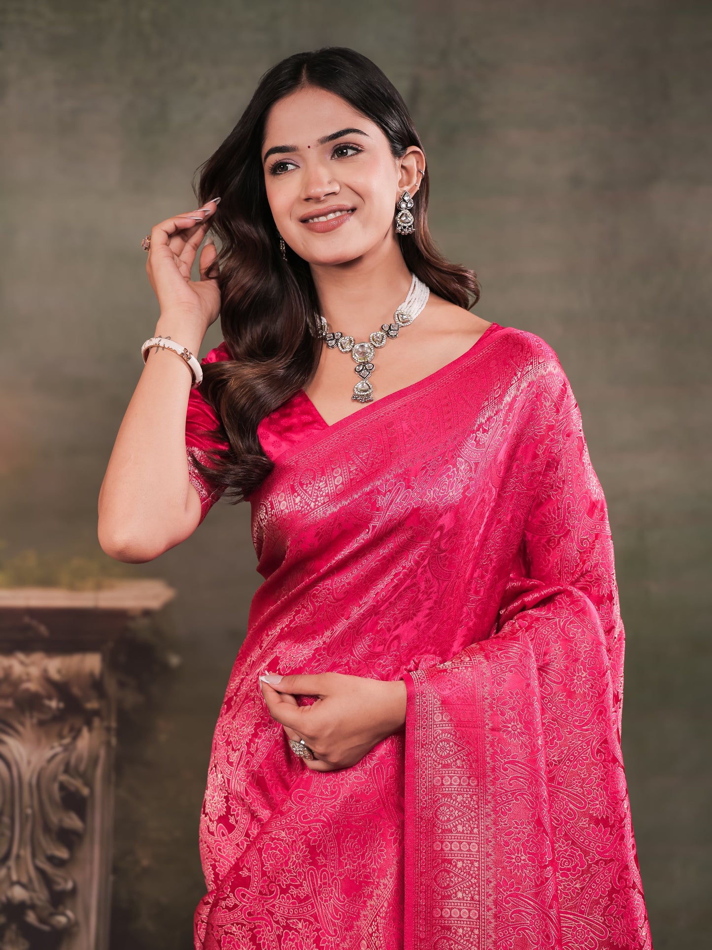 Rani Pink Satin Silk Saree with All-Over Floral Jacquard Weaving, Rich Zari Border, Grand Designer Pallu & Tassel Edges