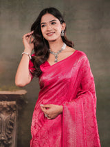 Rani Pink Satin Silk Saree with All-Over Floral Jacquard Weaving, Rich Zari Border, Grand Designer Pallu & Tassel Edges