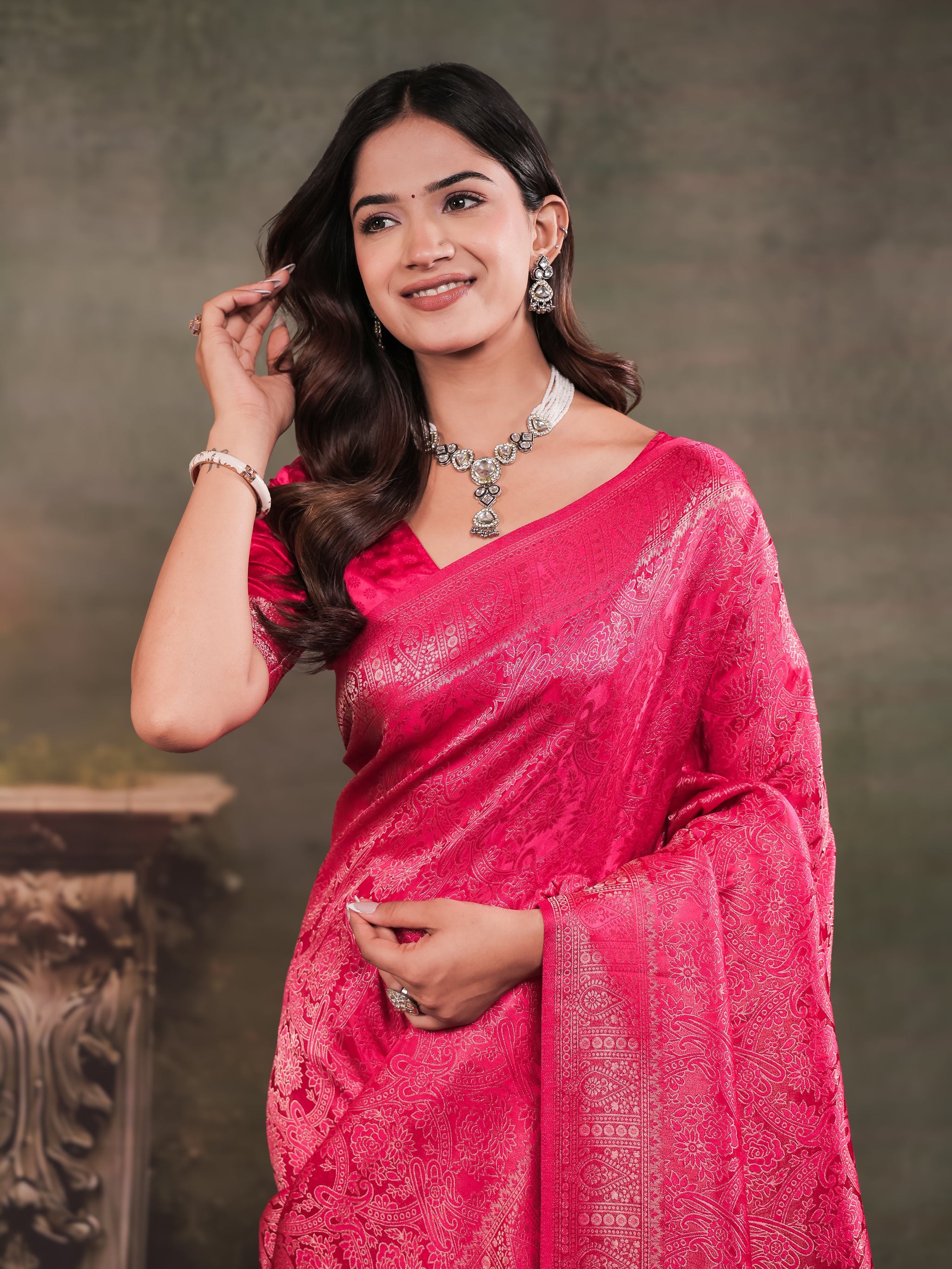 Rani Pink Satin Silk Saree with All-Over Floral Jacquard Weaving, Rich Zari Border, Grand Designer Pallu & Tassel Edges