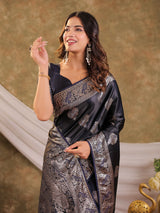 Dark Navy Blue Kanjivaram Banarasi Satin Silk Saree with Rich Zari Weaving, Designer Border & Tassel Pallu