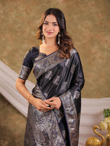 Dark Navy Blue Kanjivaram Banarasi Satin Silk Saree with Rich Zari Weaving, Designer Border & Tassel Pallu