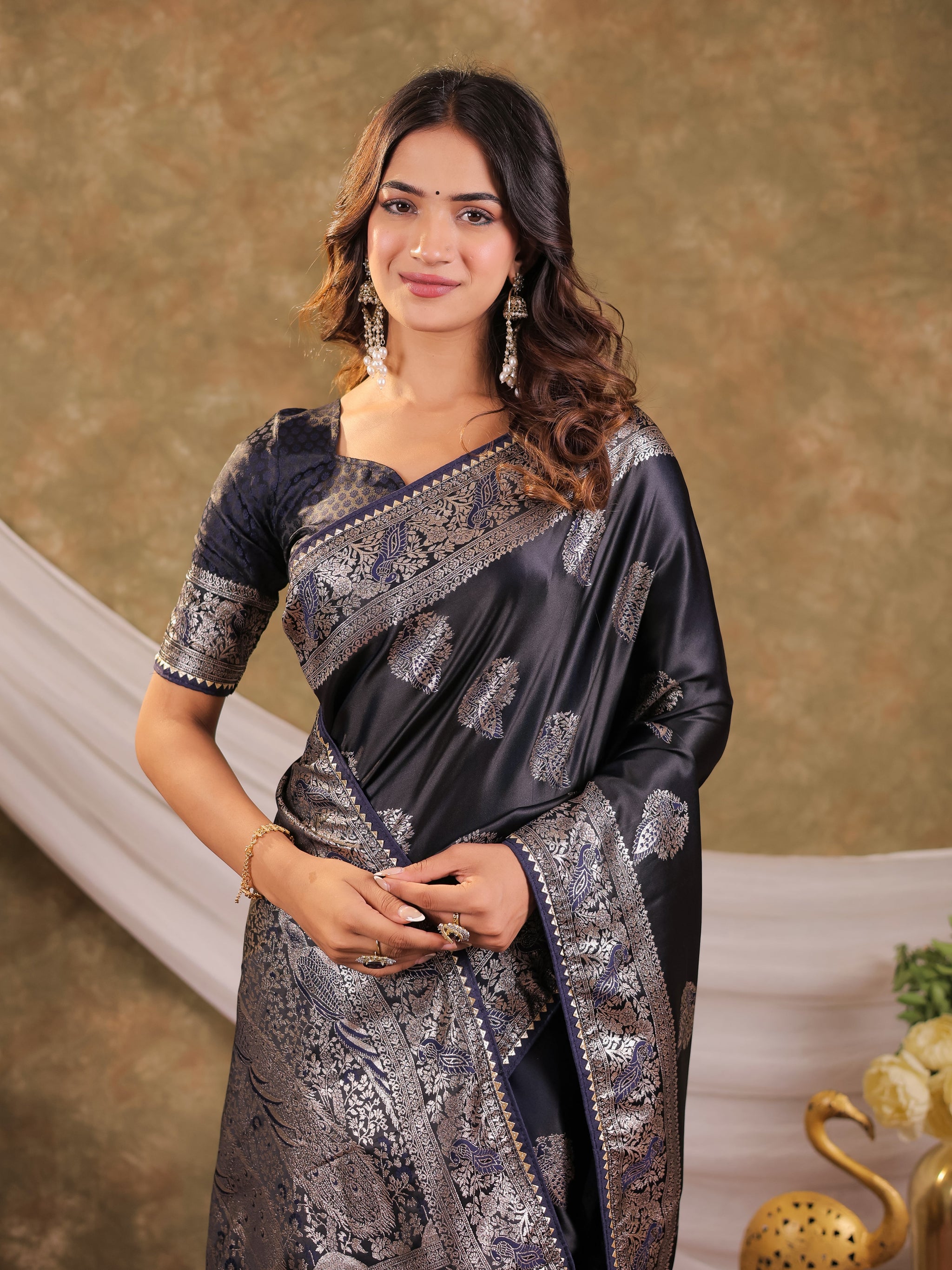 Dark Navy Blue Kanjivaram Banarasi Satin Silk Saree with Rich Zari Weaving, Designer Border & Tassel Pallu