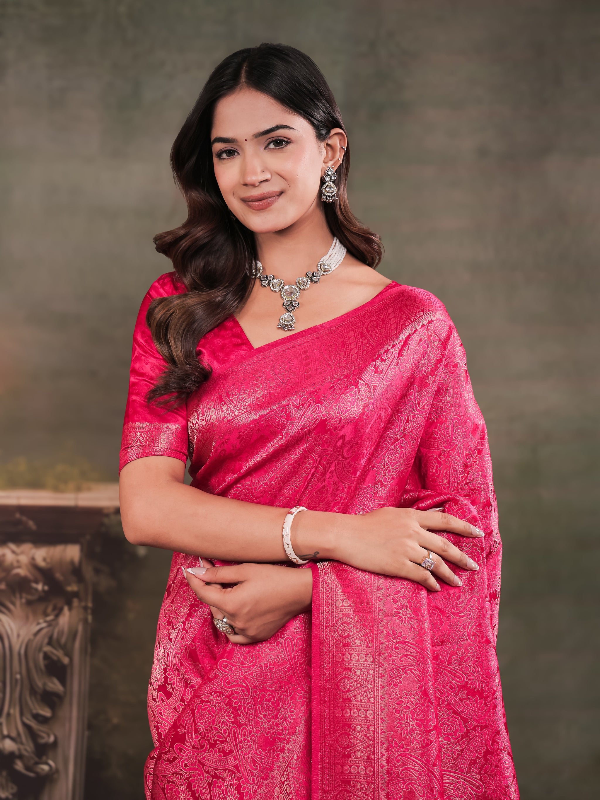 Rani Pink Satin Silk Saree with All-Over Floral Jacquard Weaving, Rich Zari Border, Grand Designer Pallu & Tassel Edges