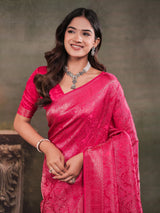 Rani Pink Satin Silk Saree with All-Over Floral Jacquard Weaving, Rich Zari Border, Grand Designer Pallu & Tassel Edges