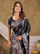 Dark Navy Blue Kanjivaram Banarasi Satin Silk Saree with Rich Zari Weaving, Designer Border & Tassel Pallu