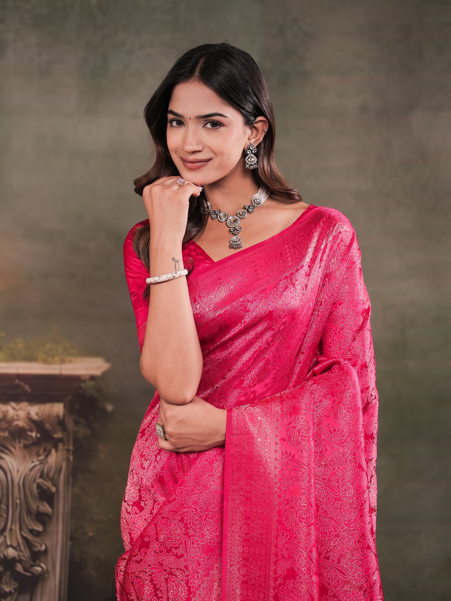 Rani Pink Satin Silk Saree with All-Over Floral Jacquard Weaving, Rich Zari Border, Grand Designer Pallu & Tassel Edges