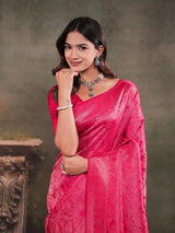 Rani Pink Satin Silk Saree with All-Over Floral Jacquard Weaving, Rich Zari Border, Grand Designer Pallu & Tassel Edges